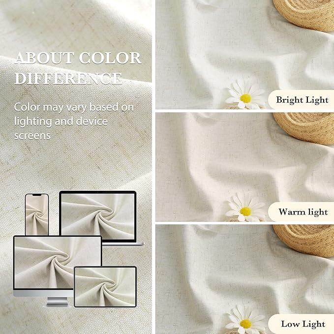 RYB HOME Cream Beige Linen 100% Blackout Curtains for Bedroom W52 x L120, Extra Long Linen Blackout Curtains Privacy Assurd& Thermal Insulated for Sliding Door/Living Room/Nursery, 2 Panels