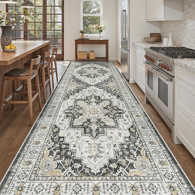 Madane 4x12 Wide Hallway Runners: Washable Runner Rug for Entryway Living Room Soft Vintage Non Slip Carpet Runner for Kitchen Dining Room Nursery Bedroom Thin Area Rug (Black,4x12ft)