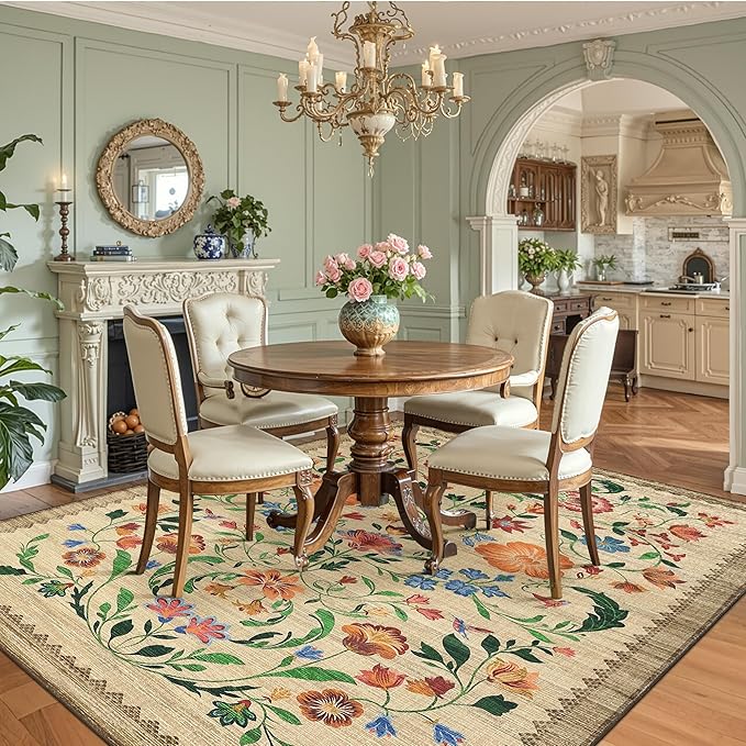 GarveeHome Washable Rug 4x6 Area Rugs for Living Room, Floral Rug for Bedroom, Soft Boho Non Slip Throw Rugs with Rubber Back, Low Pile Stain Resistant Vintage Floral Carpet for Dining Room, Beige