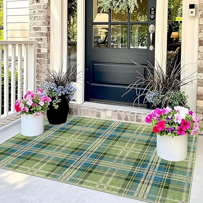 3x5 Buffalo Entry Rug - Small Washable Indoor Outdoor Mats for Front Door Non-Slip Porch Rug Green Teal Plaid Tartan Throw Rugs for Living Room Bedroom Entryway Kitchen Office Porch Decor