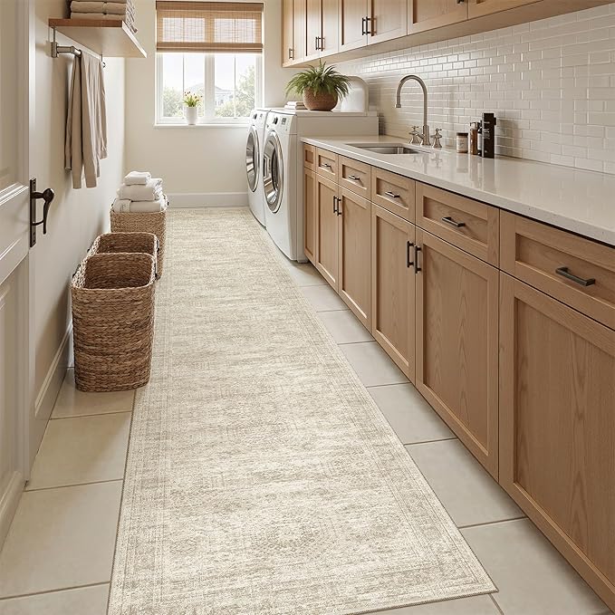Runner Rug 2x12 Washable Non-Slip Hallway Runner Rugs for Kitchen Bathroom Laundry Room Beige Vintage Floor Carpet Runners for Hallways Entryway