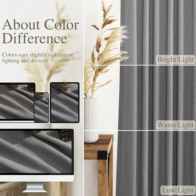 Nanspring Dark Grey Linen Curtains 80 Inches Long for Bedroom Rod Pocket Back Tab Light Filtering Semi Sheer Curtain Farmhouse Decor Linen Textured Drapes for Living Room 2 Panels Set 52x80