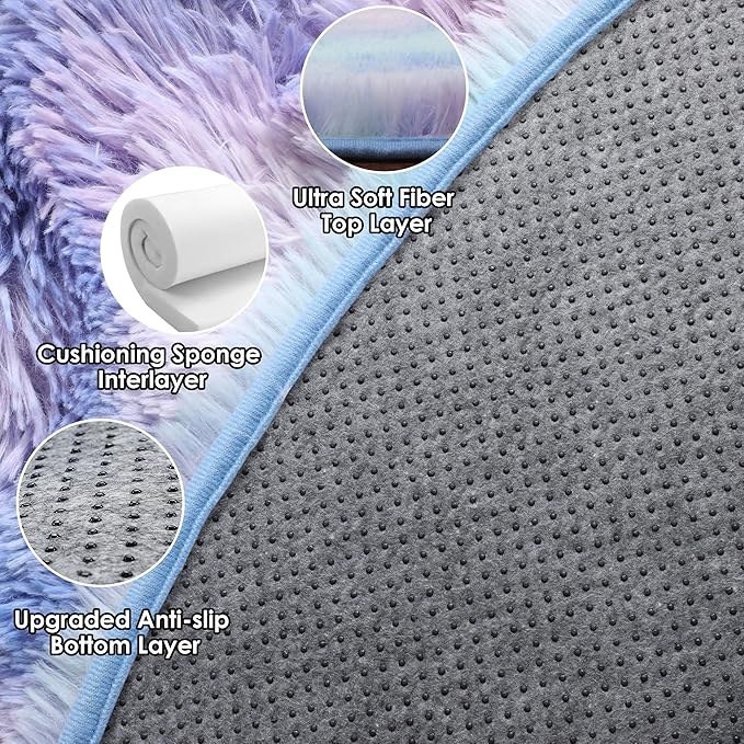 ONASAR Rainbow Round Area Rugs 5ft, Soft Bedroom Circle Rug Mats for Kids Girls Teen Room, Mermaid Fluffy Plush Shaggy Carpet for Baby Nursery Living Room Playroom Home Decor Princess Castle