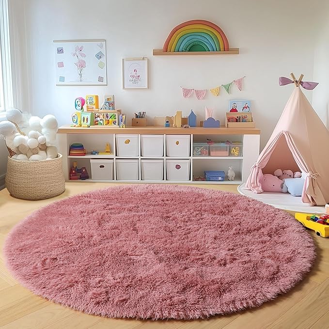 ONASAR Blush Round Area Rugs 5ft, Soft Bedroom Circle Rug Mats for Kids Girls Teen Room, Fluffy Plush Shaggy Carpet for Dorm Nursery Living Room Playroom Home Decor Princess Castle