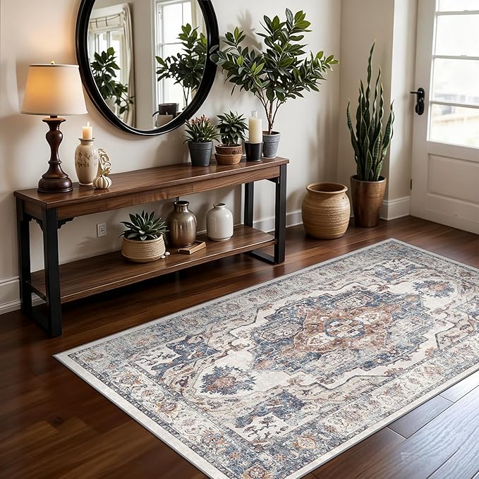Washable 3x5 Kitchen Area Rugs: Cozy Soft Beside Low Pile Carpet for Living Room Bedroom Indoor Light-weight Doormat Anti-Slip Thin Low-Pile Rug for Entryway Nursery Small Vintage Floor Mat(3x5,Brick)