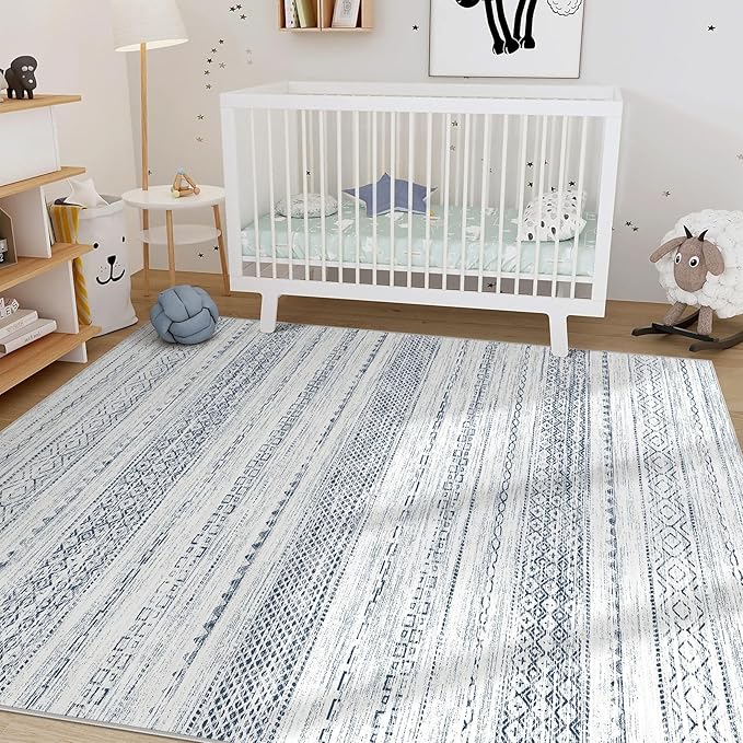 Nakagishi 8x10 Area Rugs Living Room: Washable Boho Large Neutral Soft Farmhouse Rug Stain Resistant Modern Indoor Floor Non-Slip Carpet for Bedroom Nursery Kids Playroom Office Dining Dorm-White Blue