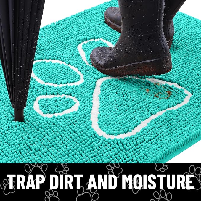 Smiry Dog Door Mat for Muddy Paws, Absorbent Dirt Trapper Non Slip Quick Dry Washable Chenille Mat for Mud Dogs, Entry Rug for Indoor and Outdoor (30x20 Inches, Turquoise and White)