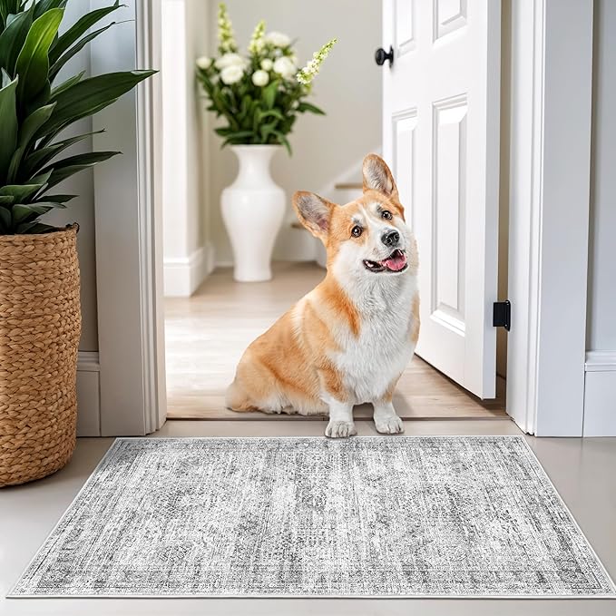 2x3 Washable Rug Runner for Bathroom, Soft Entryway Rug for Laundry Room, Kitchen, Vintage Abstract Hallway Runner for Bedroom, Anti-Slip Door Mat Indoor Entrance(2'x3', Grey/Ivory)