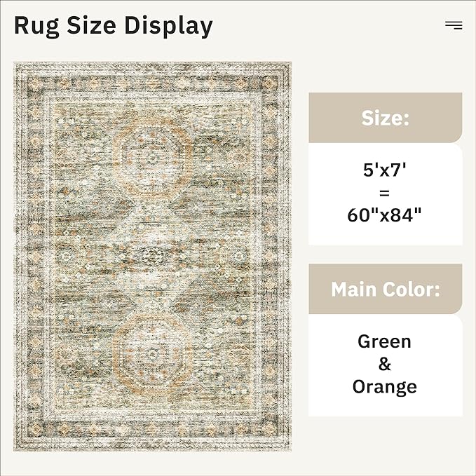 5x7 Area Rugs Green Orange Low Pile Indoor Washable Trendy Faded Style Rugs for Bedroom Living Room Dining Room Foldable Non-Slip Thin Print Mat