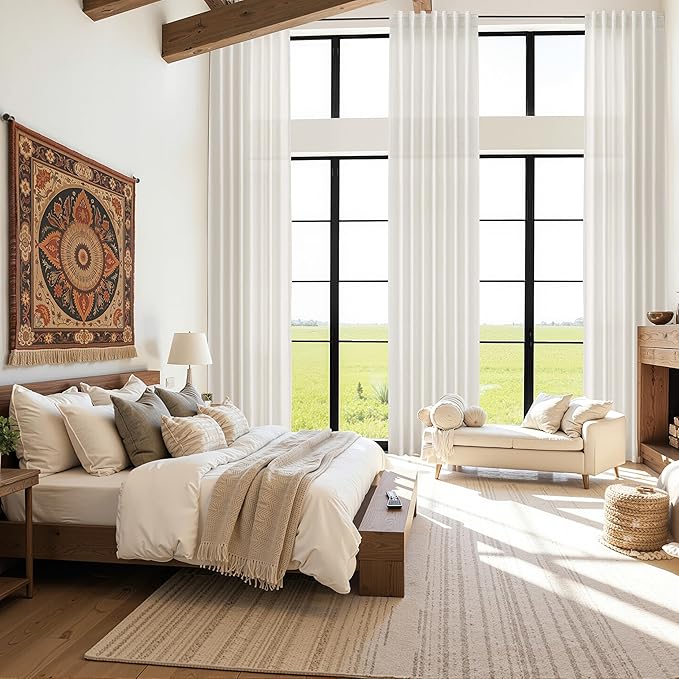 Ivory White Linen Curtains 132 Inch Length for Living Room Light Filtering Semi Sheer Curtain Back Tab Neutral Modern Farmhouse Decor Drapes Floor to Ceiling High Window for Bedroom 52x132, 2 Panels