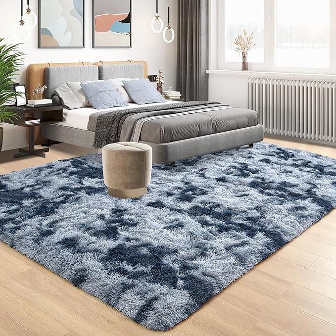 Tepook Fluffy Large Rugs for Living Room, Area Rug 6x9 Soft Carpet for Bedroom, Modern Shaggy Rug for Kids Boys Girls, Plush Indoor Nursery Home Decor Rug with Non-Slip Bottom, Tie-dye Dark Blue