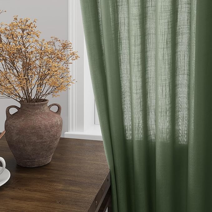 Nanspring Olive Green Linen Curtains for Living Room 2 Panels Set 95 Inch Length Back Tab Light Filtering Semi Sheer Curtain Drapes for Bedroom 52x95