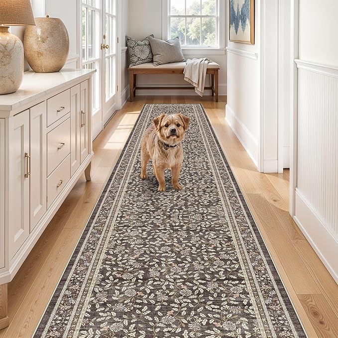TOPRUUG 2x12 Washable Runner Rug - 12ft Runners for Hallway Non Slip Kitchen Rugs Soft Low Pile Carpet for Bedroom Bathroom Entryway - Stain Resistant Vintage Home Decor (Floral Charcoal, 2X12)