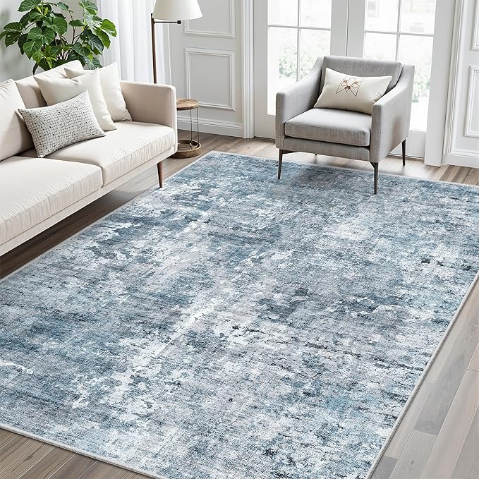 Area Rug 6x9 Abstract Rugs for Living Room 6 x 9 Washable Rugs Blue Non Slip Low Pile Rugs for Bedroom Dining Room Foldable Thin
