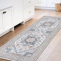 OPPODREAM Soft Entryway Rug 2x6, 2x6 Rug Runner, Neutral Washable Hallways Carpet 2 x 6 with Non Slip Backing, Low-Pile Bedside Carpet 2 x 6, Long, Faux Cashmere, Cream White & Blue & Light Brown