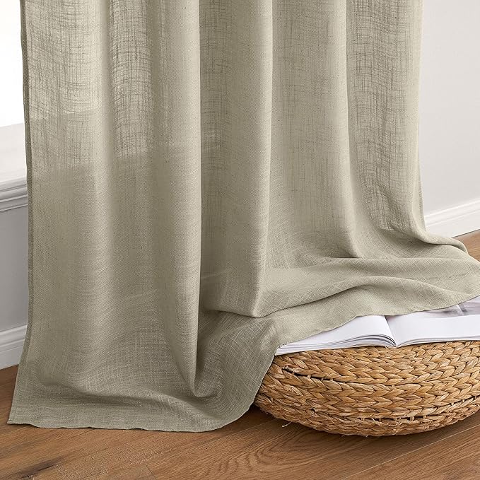 MIULEE Oatmeal Linen Curtains 96 Inches Long 2 Panels for Bedroom Living Room, Soft Thick Linen Textured Natural Window Drapes Semi Sheer Light Filtering Back Tab Rod Pocket Burlap Look Decor