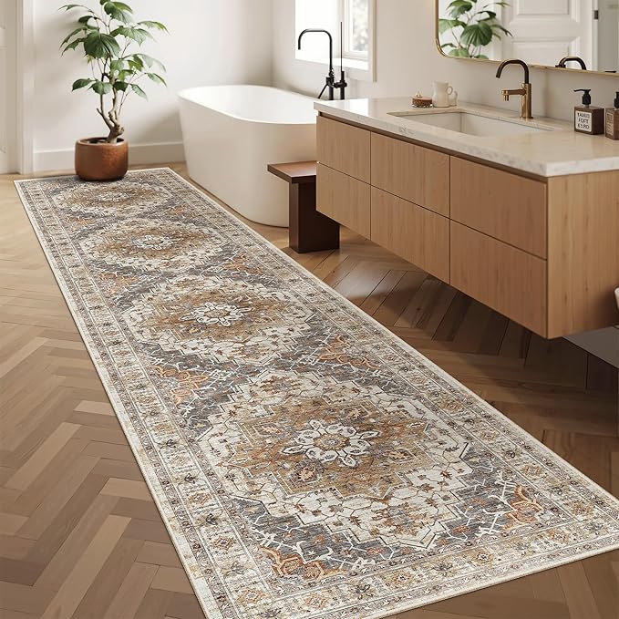 Madane Hallway Runner Rug 2'6''x12', Non Slip Vintage 12ft Runners for Hallways Washable Kitchen Rugs Soft Low Pile 2.5x12 ft Rug Runner for Laundry Room, Entryway and Bedroom, Turmeric/Grey