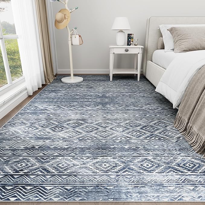 9x12 Area Rugs Washable Rug: Anti-Skid Abstract Modern Living Room Rug Soft Thin Carpets Indoor Floor Non-Shedding Carpet for Bedroom Dining Farmhouse Nursery Home Office (Blue Grey White, 9'x12')