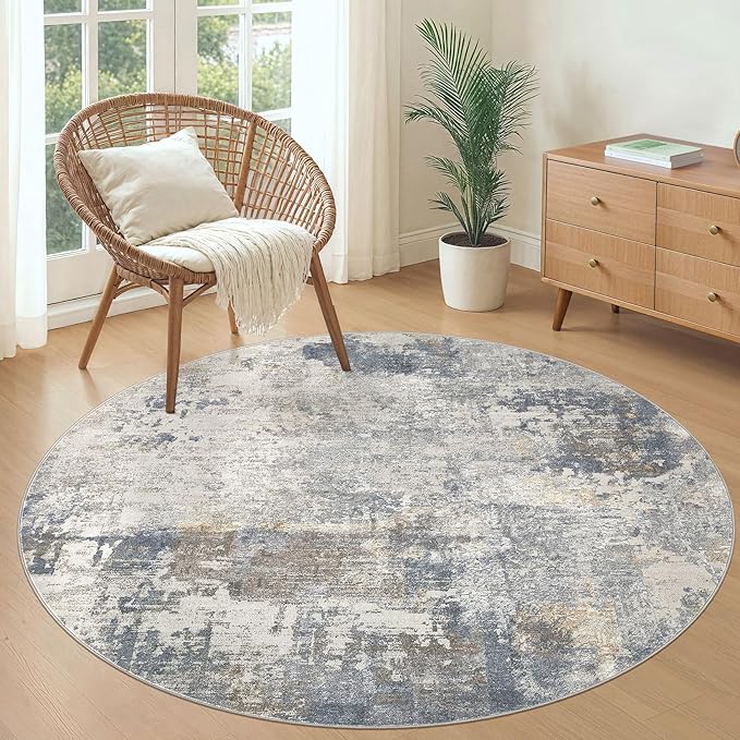 UERMEI 5ft Round Area Rug Living Room Rugs - 5x5 Washable Neutral Modern Abstract Soft Thin Rug Indoor Floor No Slip Rug Carpet for Bedroom Under Dining Table Home Office Decor - Blue Grey