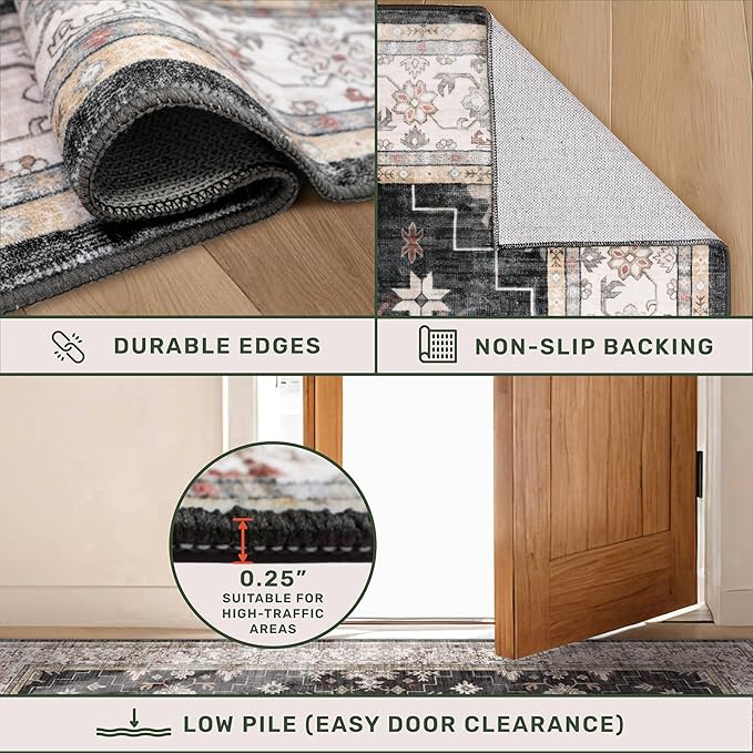 2x4 Entryway Runner Rugs, Small Runners for Kitchen, Door Mat Indoor Entrance, Bathroom, Non-Slip Low-Pile Washable Stain Resistant, Vintage Ashen Charcoal Floral Decor (Ashen/Multi)