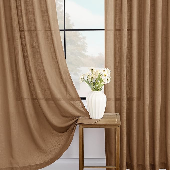Brown Curtains for Living Room Back Tab Modern Farmhouse Semi Sheer Curtains 108 inches Long 2 Panels Set Muted Neutral Window Curtain for Dining Room Bedroom 52x108
