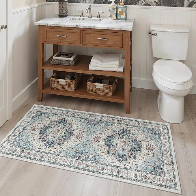Madane Washable Area Rug 2x4, Small Entryway Rug Non-Slip Vintage Door Mat Indoor Entrance, Low Pile Floor Carpet Runner for Inside Front Door Kitchen Entry Laundry, Blue