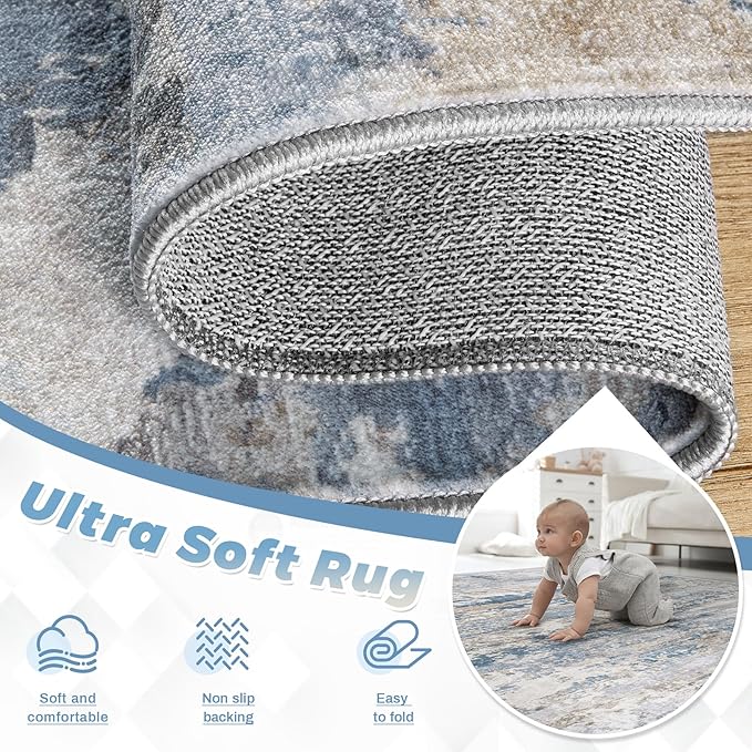 pmtsns Area Rugs 10x14 Living Room: Washable Rug Modern Abstract Neutral Soft Non-Slip Low-Pile Indoor Large Carpet for Bedroom Dining Room Playroom Home Office (Light Blue Brown, 10'x14')