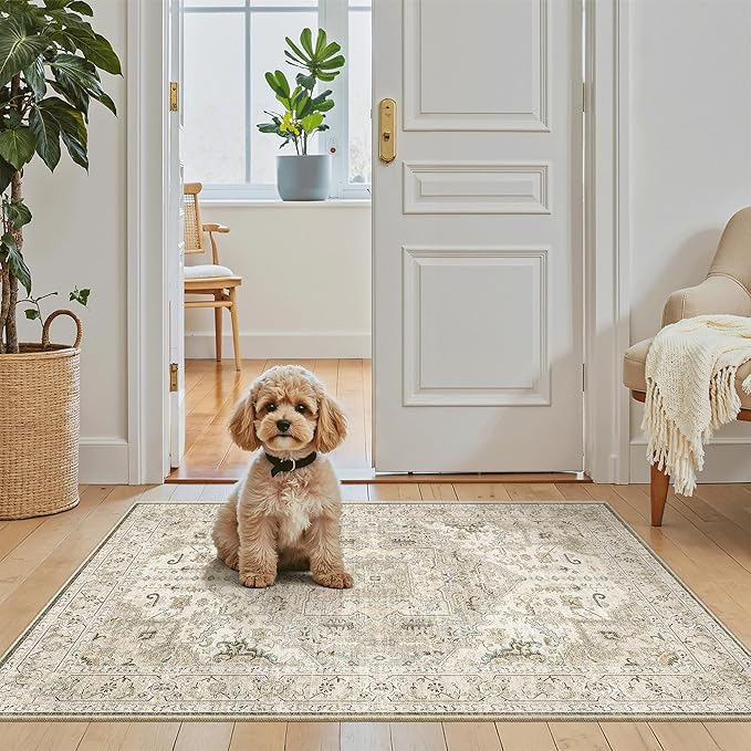 Madane Washable Area Rug 2x3, Small Entryway Rug Non-Slip Vintage Door Mat Indoor Entrance, Low Pile Floor Carpet for Inside Front Door Bedroom Kitchen Entry Laundry (2'x3', Ivory/Brown)