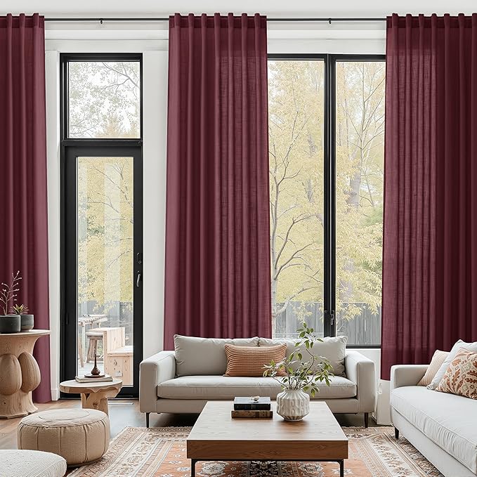 Nanspring Burgundy Linen Curtains for Living Room 98 Inches Long Light Filtering Semi Sheer Curtain Back Tab Vintage Boho Decor Elegant Luxury Drapes for Bedroom Dinner Room 52x98, 2 Panels