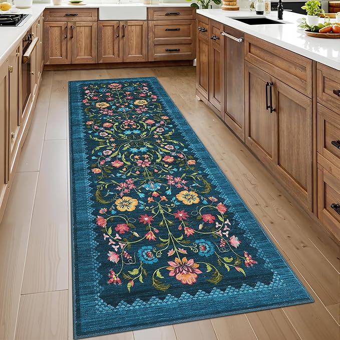 GarveeHome Floral Rug 2.5x10 Runners for Hallways, Boho Kitchen Runner Rugs Non Slip Bath Runners, Vintage Washable Runner Rug for Bedroom, Soft Long Rugs for Entryway Bathroom Laundry Dorm, Blue