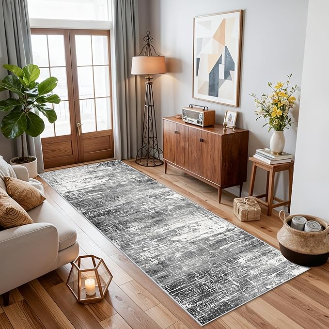 Washable 2x5 Kitchen Area Rug: Non-Slip Abstract Water-Resistant Entryway Rug Soft Sink Fridge Area Bedroom Carpet Low Pile Floor Mat for Bathroom Laundry Nursery Non-Shedding Runner(2X5,Black/Grey)
