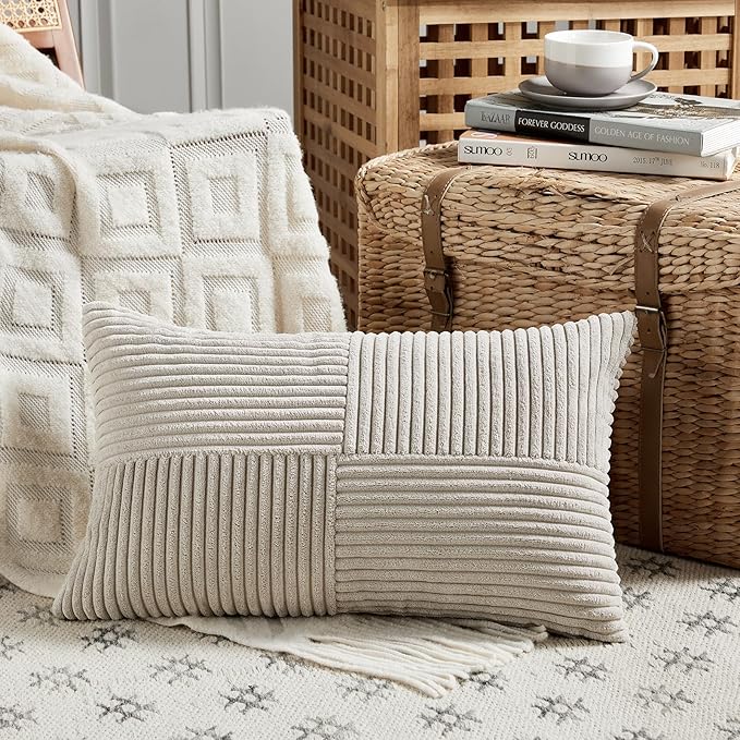 Fancy Homi 2 Packs Neutral Taupe Lumbar Decorative Throw Pillow Covers 16x28 Inch for Living Room Couch Bed Sofa, Farmhouse Home Decor, Soft Striped Corduroy Rectangle Accent Cushion Case 40x70 cm