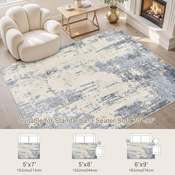 UERMEI 6x9 Area Rug Living Room Rugs - Washable Neutral Modern Abstract Soft Thin Rug Indoor Floor No Slip Rug Carpet for Bedroom Under Dining Table Home Office Decor - Blue/Light Brown