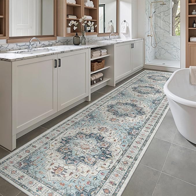 Madane Hallway Runner Rug 2'6''x12' Kitchen Runner, Non Slip Vintage Runners for Hallways Washable Kitchen Rugs Soft Low Pile 2.5x12 ft Rug Runner for Laundry Room, Entryway and Bedroom, Blue