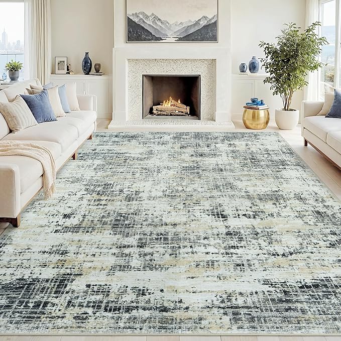 9x12 Area Rugs for Living Room Washable Rug: Anti-Skid Abstract Modern Living Room Rug Soft Thin Carpets Indoor Floor Non-Shedding Carpet for Bedroom Dining Farmhouse Nursery Black Gray Gold