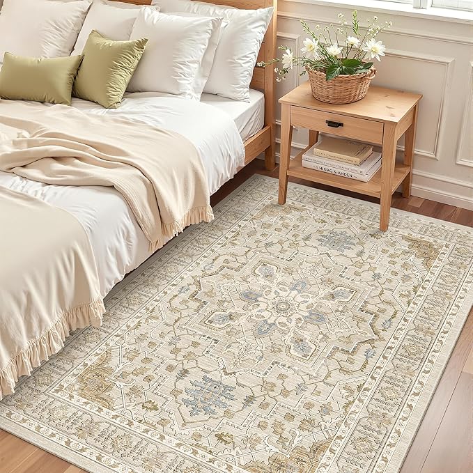 Madane Area Rug 3x5, Entryway Washable Vintage Runners Bedroom Non Slip Indoor Kitchen Runner for Living Room Laundry Room Playroom Soft Non-Slip Area Rugs, Beige/Blue