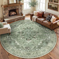Area Rugs 8ft Washable Non-Slip, Floral Vintage Distress Print Pattern Medallion Carpet for Living Room Bedroom Dining Room, Dark Green Gray