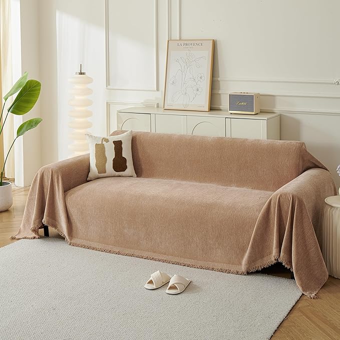Couch Cover for Dogs, Boho Sofa Covers for 2 Cushion Couch, Chenille Sofa Slipcover for Pets Washable, L-Shape Sectional Couch Loveseat Cover Soft Throw Blankets with Tassels(71x102,Khaki)