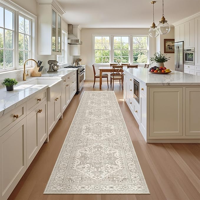 Madane Hallway Runner Rug 2x12, Long Washable Runner Rugs 12ft with Rubber Backing, Non Slip Carpet Runner, Vintage Rug Runners for Kitchen Laundry Room Entryway (Beige/Brown, 2'x12')