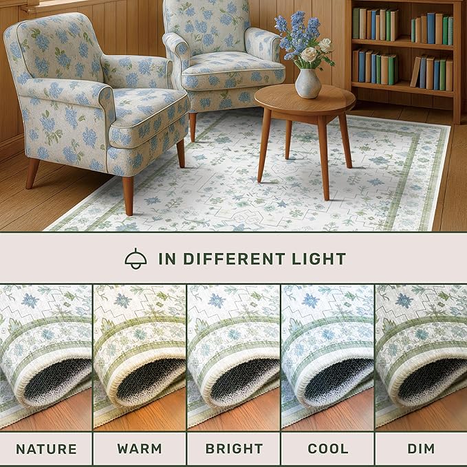 Hazo Haus Cream Oushak 6x9 Bedroom Rug - Boho Floral Cool Blue and Green, Washable Low Pile Non-Slip Ultra-Thin Large Area Rugs for Bed Room, Living Room, Playroom