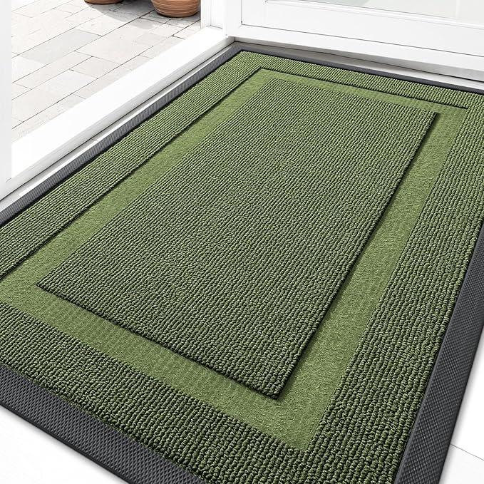 OLANLY Front Door Mat Indoor Outdoor Entrance, Waterproof All-Season, All-Weather Doormat, Sturdy Natural Rubber, Low Profile, Easy Clean Patio Porch Entryway Mat, 35x23, Classic Green