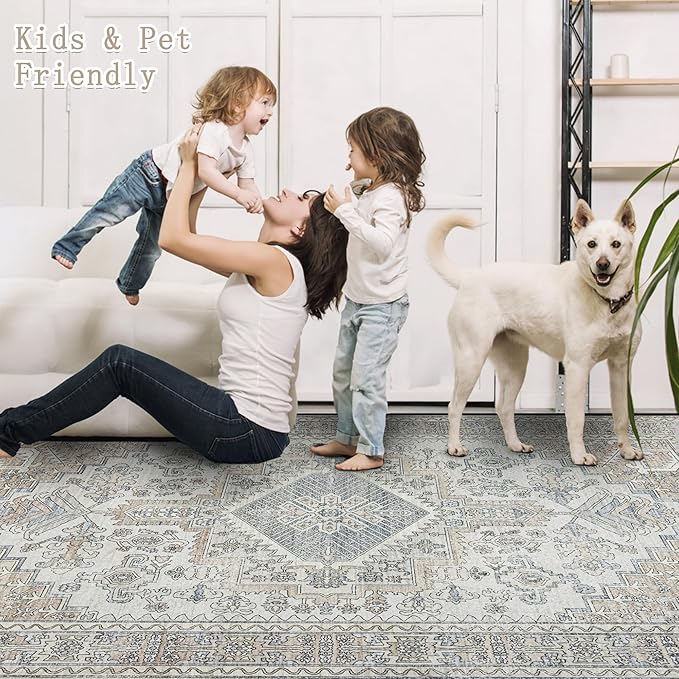 Machine Washable Area Rugs 9x12 Living Room Retro Rugs- Ultra Soft Low Pile Large Rugs for Bedroom,Dining Room,Non Slip Vintage Accent Carpet for Farmhouse Home Office- Family & Pet Friendly