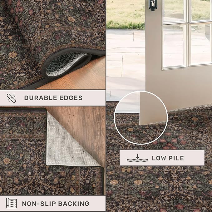 Hazo Haus Dark Brown 10x14 Area Rugs for Living Room - Extra Large Vintage Western Unique Neutral Floral, Washable Low Pile Non-Slip Soft Thin Area Rug for Dining Under Table, Bedroom Under Bed