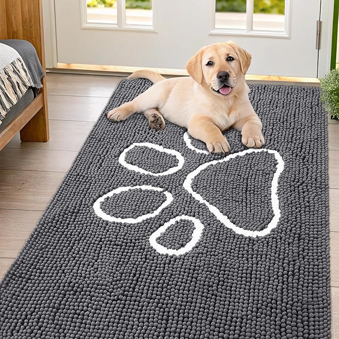 Smiry Dog Door Mat for Muddy Paws, Absorbent Dirt Trapper Non Slip Quick Dry Washable Chenille Mat for Mud Dogs, Entry Rug for Indoor and Outdoor (54x32 Inches, Dark Grey and White)