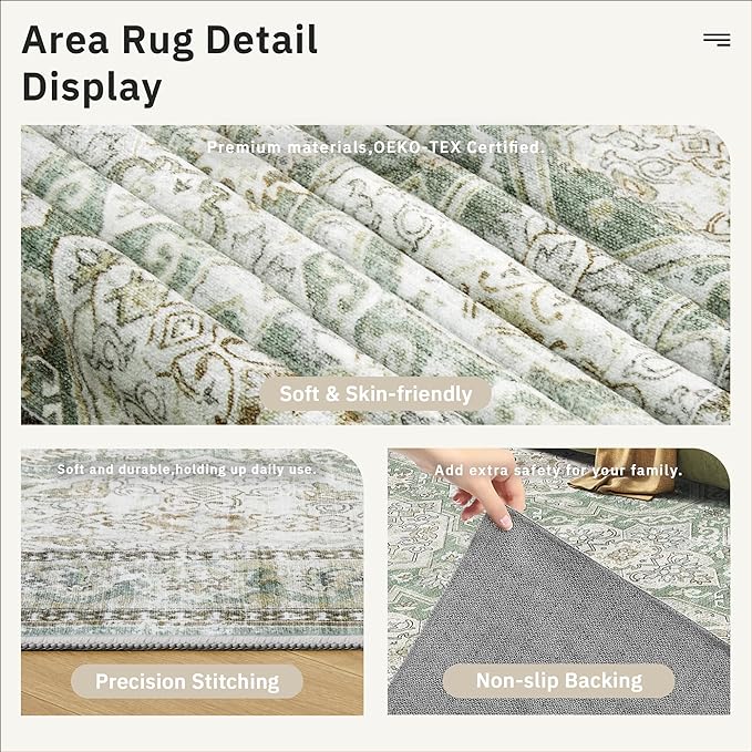 8x10 Area Rugs, Washable Rugs, Large Stain Resistant Area Rug for Living Room Bedroom Dining Room, Vintage Farmhouse Rug Green