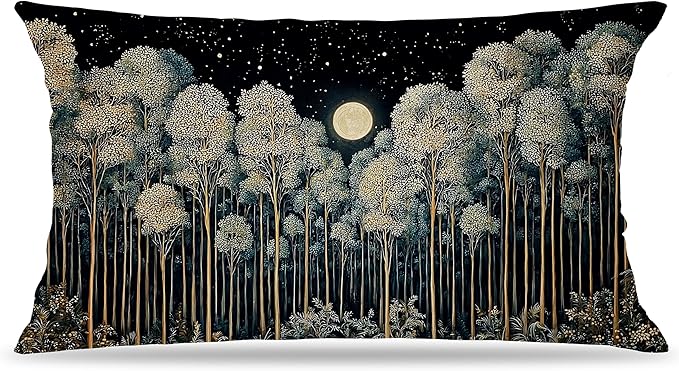 Rustic William Morris Inspired Night Forest Green Moon Pillow Covers 12x20 Double-Sided,Vintage Botanical Nature Landscape Decorative Throw Pillow Covers for Home Bedroom Living Room