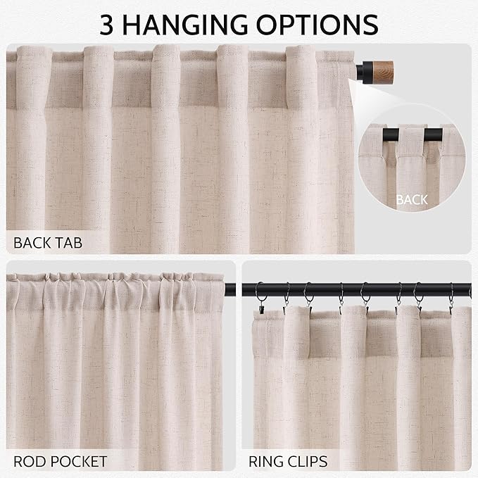 Nanspring Natural White Linen Curtains 84 Inch Length for Living Room Burlap Light Filtering Semi Sheer Curtain Back Tab Neutral Farmhouse Privacy Drapes for Bedroom Office 52x84, 2 Panels