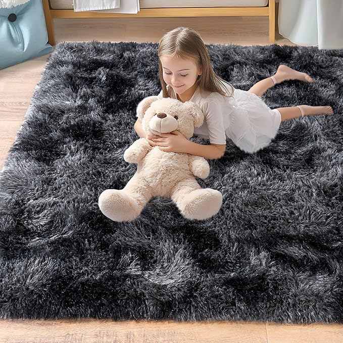 Pionblank Fluffy Area Rug for Bedroom 4x6 Feet, Indoor Plush Carpet, Shag Soft Bedside Rug, Cute Comfy Furry Rug for Living Room Dorm Girls Boys Room Nursery Decor, Dark Grey