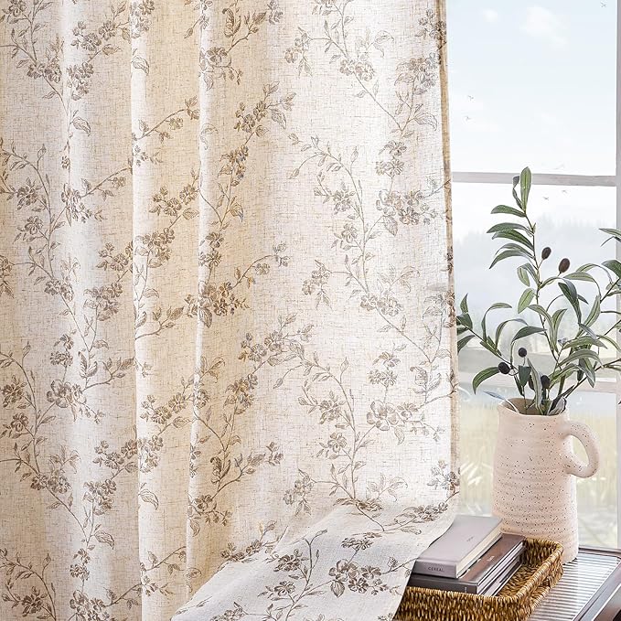 Lazzzy Taupe Floral Linen Curtains 84 Inch Farmhouse Back Tab Drapes for Living Room Bedroom Light Filtering Vintage Grandmillennial Rod Pocket Curtains, 2 Panels, W38 x L84, Taupe on Beige