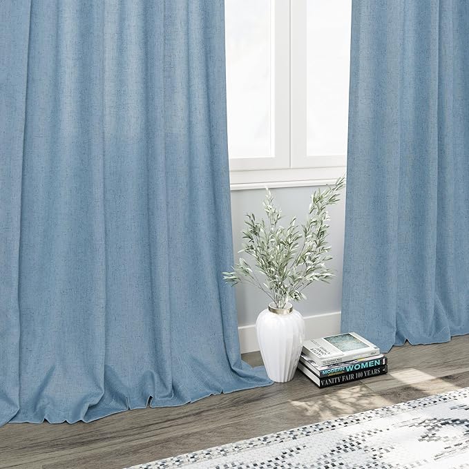 Blue Linen Blend Drapes 84 Inch Length 2 Panels Set Back Tab Rod Pocket Light Filtering Semi Sheer Textured Dusty Blue Vertical Curtains Boho Farmhouse Decor Curtains for Living Room Bedroom 40x84